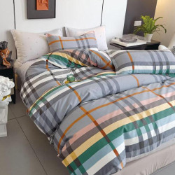 Housse de couette  240 x 220 cm + 2 Taies 64 cm A-24-26 gris jaune vert véritable Percale de Coton en déstockage